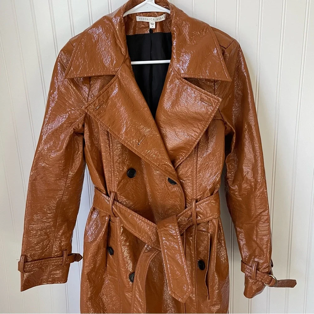 Veronica Beard Finnick Dickey Trench Coat Faux Leather Brown Size 4